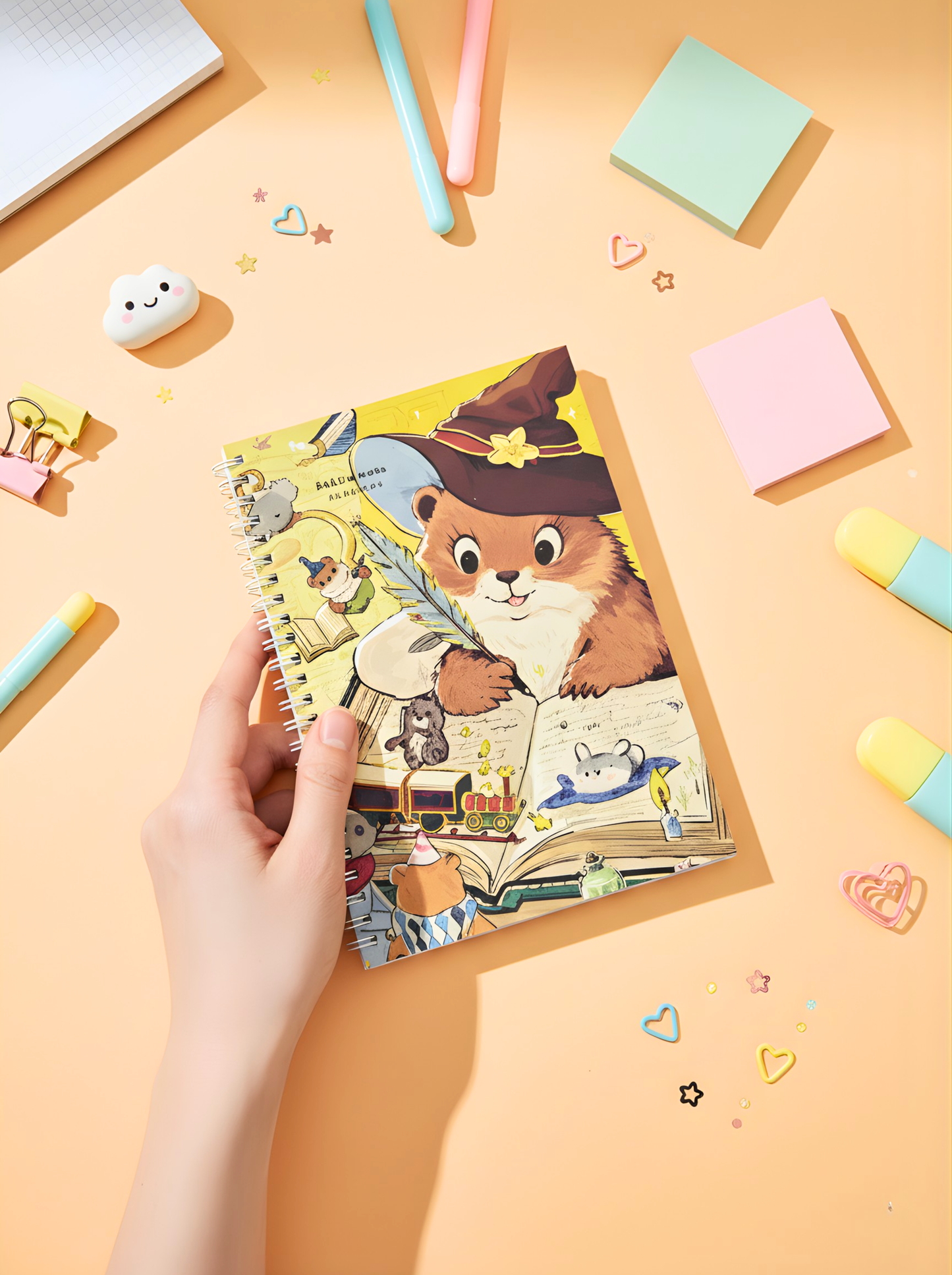 Hand holding a colorful children's book with a bear character on a yellow background with stationery items.
