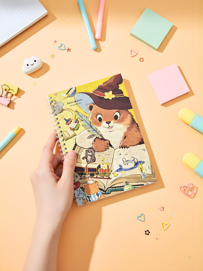 Hand holding a colorful children's book with a bear character on a yellow background with stationery items.