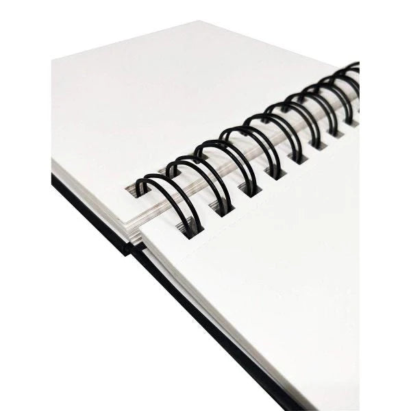 Open notebook with spiral binding on a white background