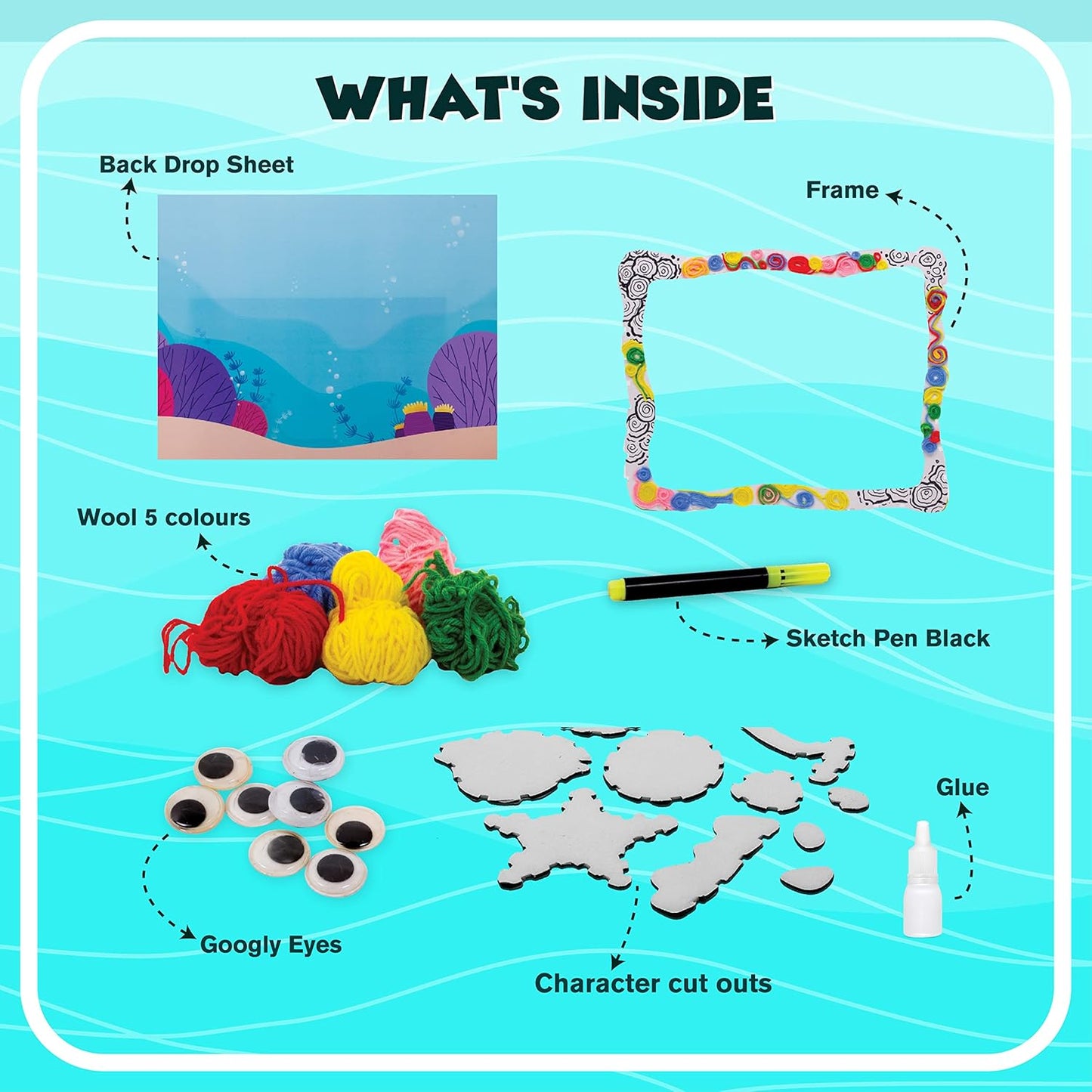 Craft kit contents with colorful yarn, frame, and other materials on a blue background