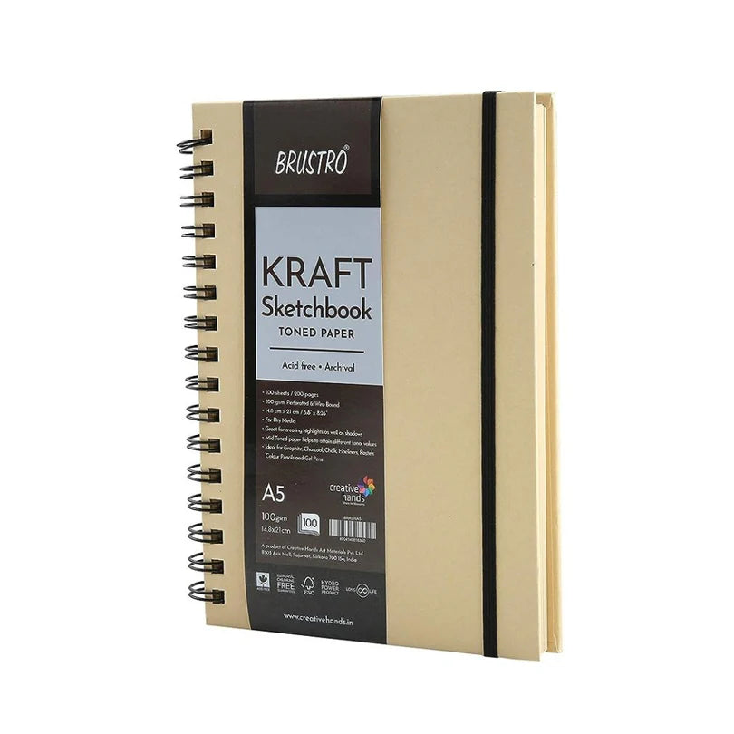 Beige sketchbook with black spiral binding and Brustro branding on a white background