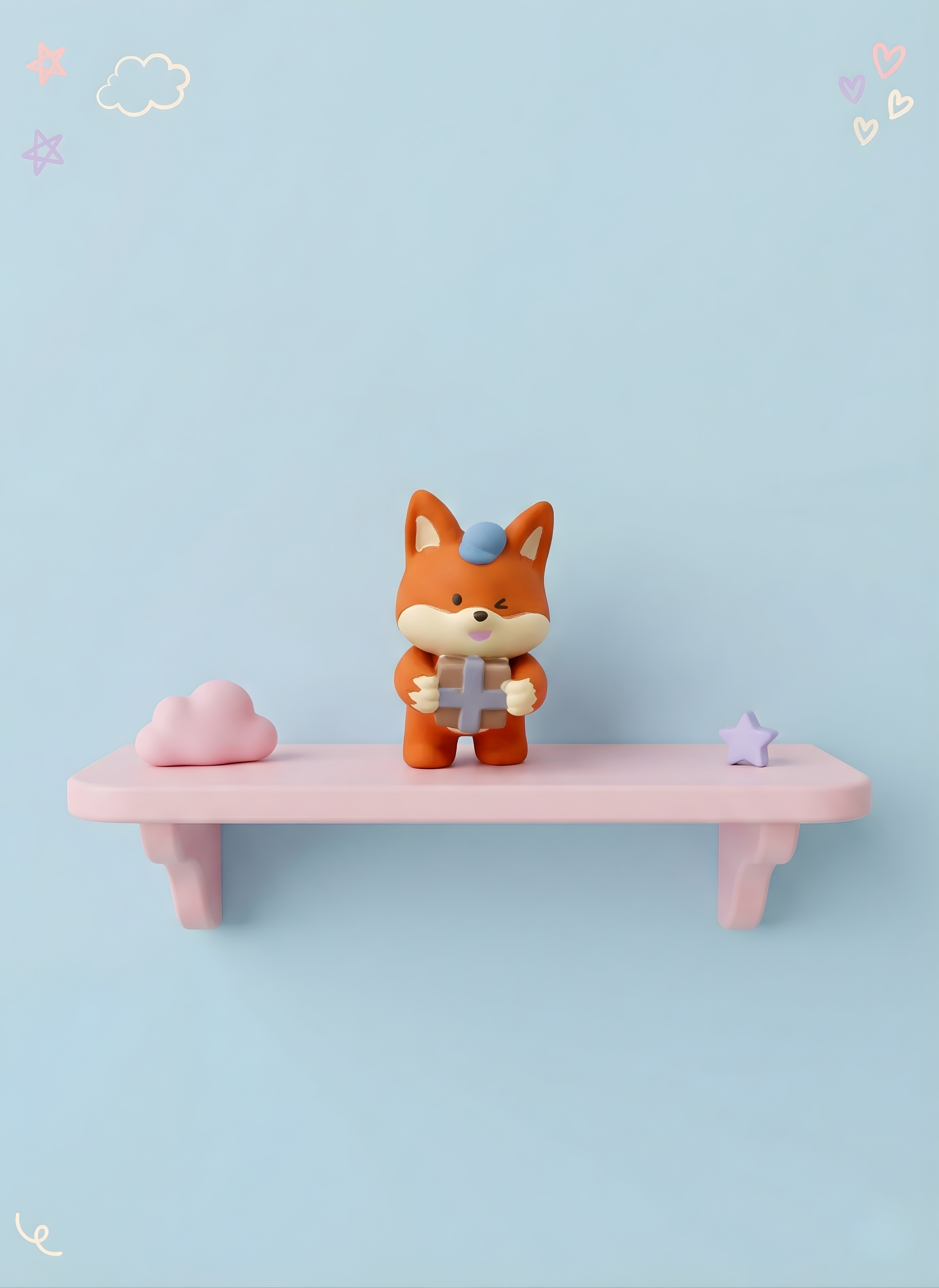 Toy fox figure on a pink shelf against a light blue background