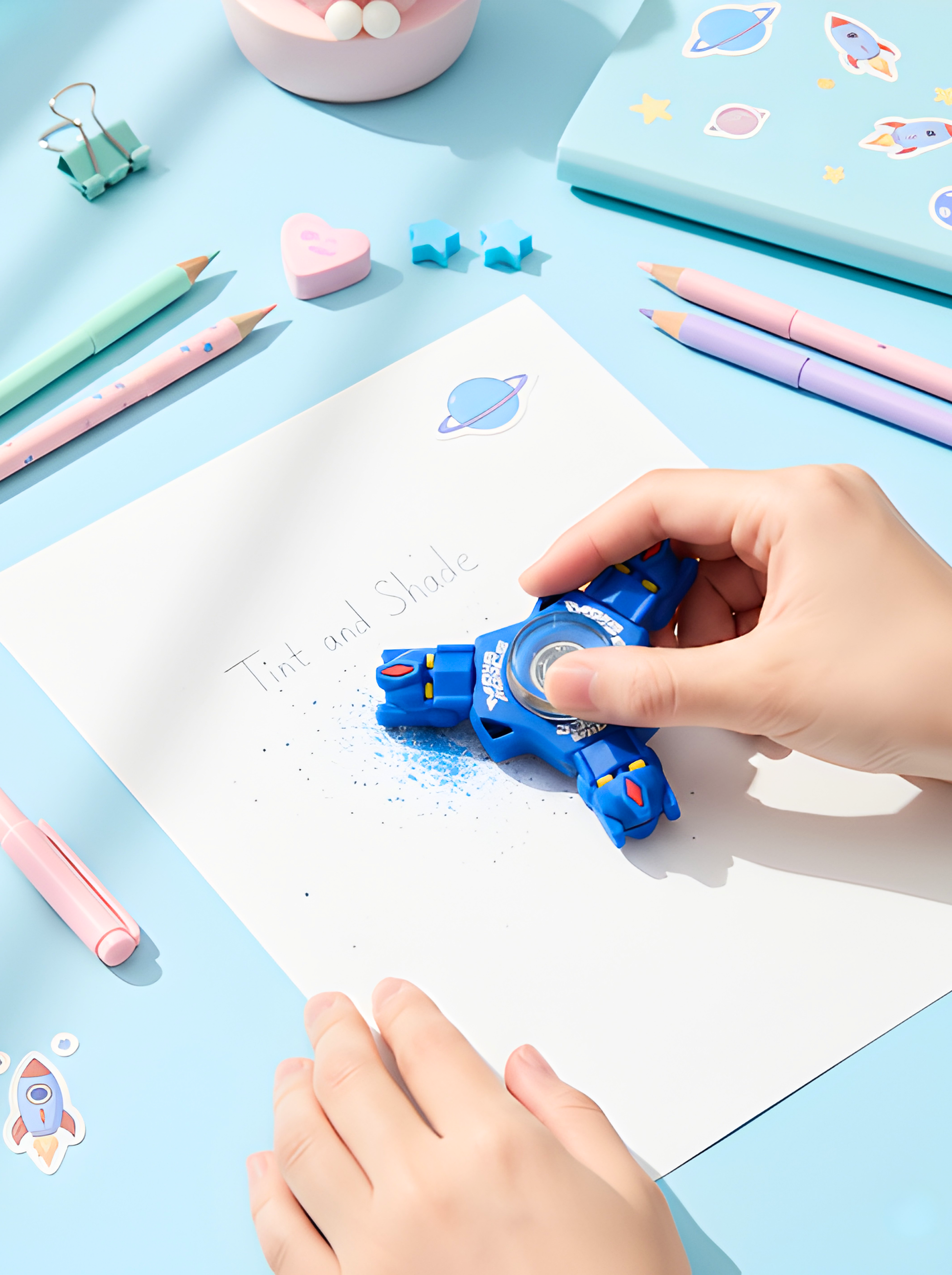 Child using a blue rocket-shaped eraser on a piece of paper with stationery items around.