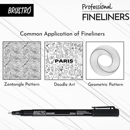 BRUSTRO fineliner pen with examples of Zentangle, Doodle Art, and Geometric patterns on a white background.