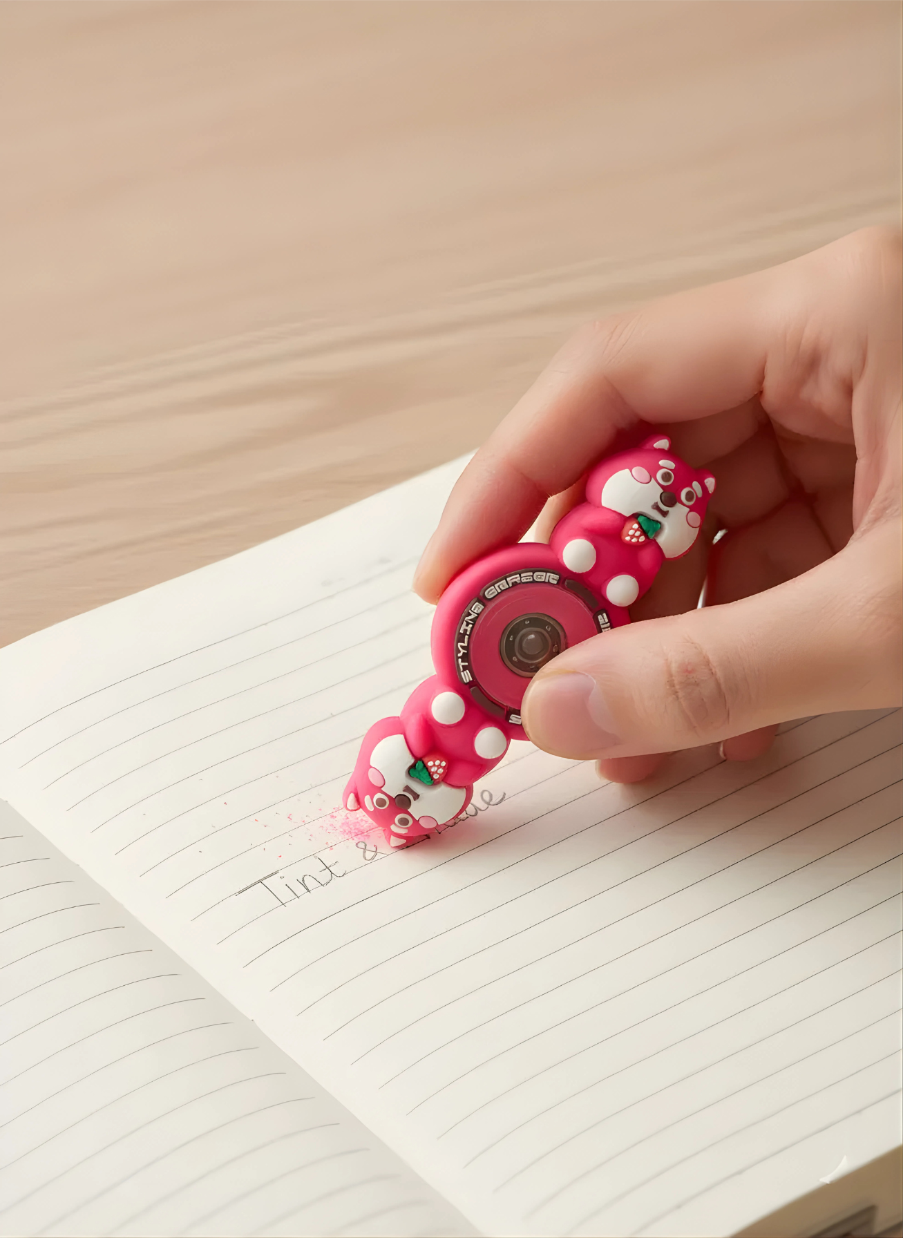 Pink cartoon character tape measure held over a notebook