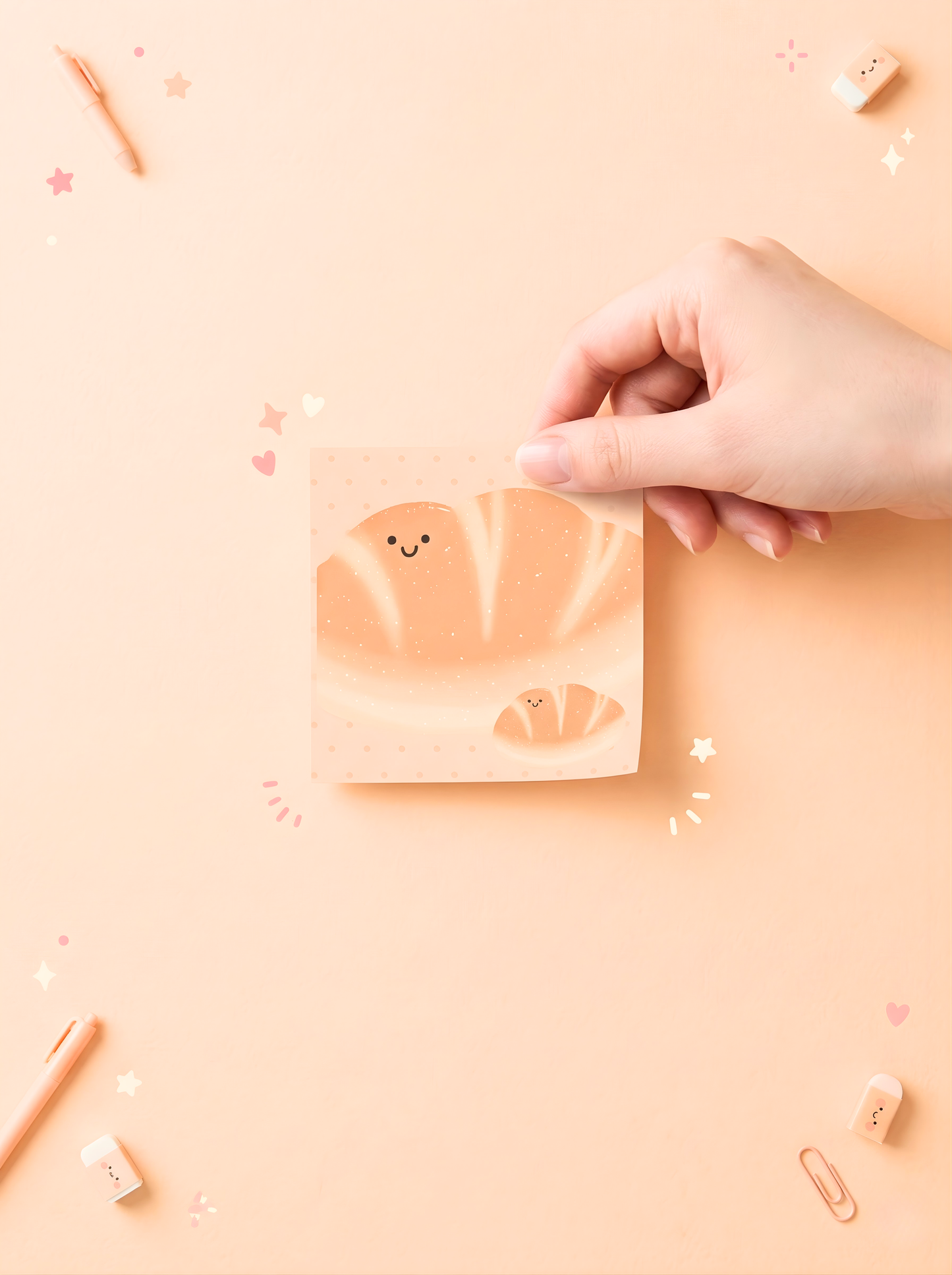 Hand holding a small pink package with a smiley face design on a light pink background.