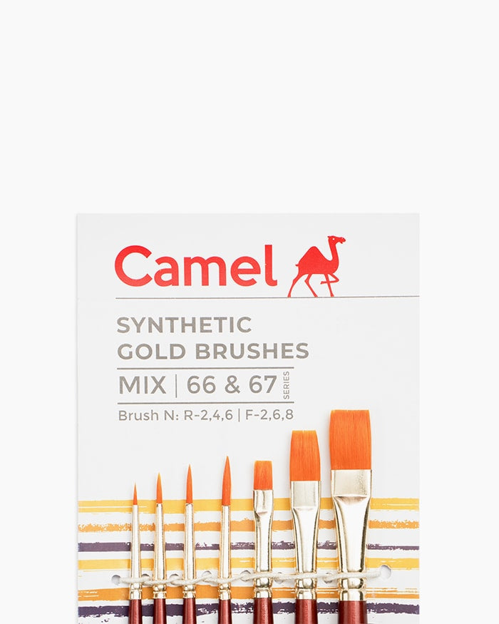 Camel synthetic gold brushes packaging with brushes displayed on a white background