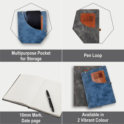 Product display with a multipurpose pocket, pen loop, 10mm mark, and date page feature on a gray background.