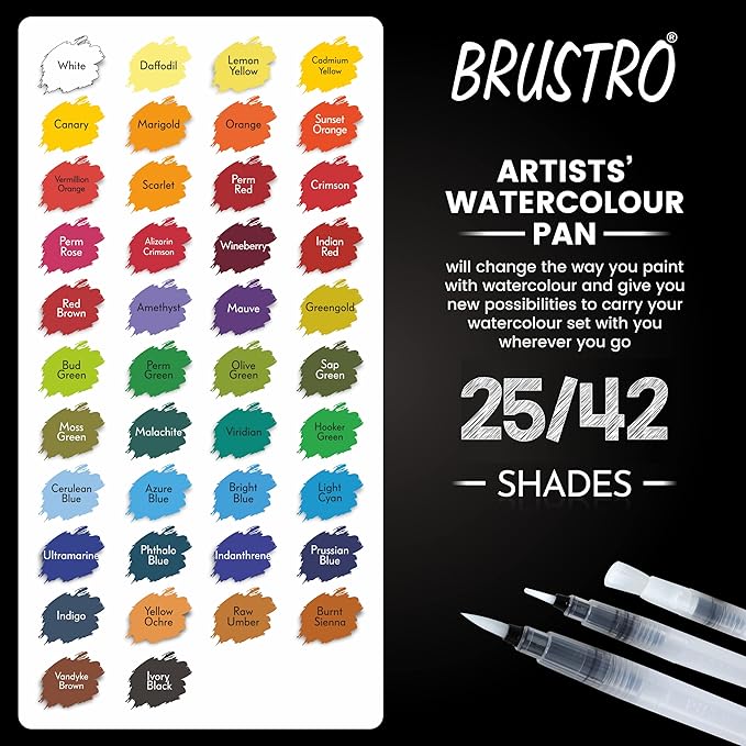 Brustro watercolor pan set with color swatches and two pans on a black background