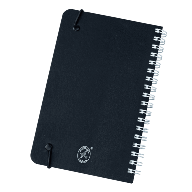 Black notebook with spiral binding on a white background