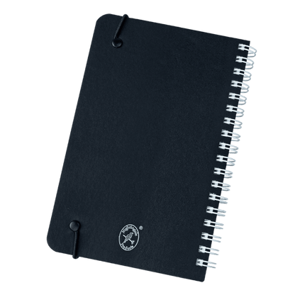 Black notebook with spiral binding on a white background