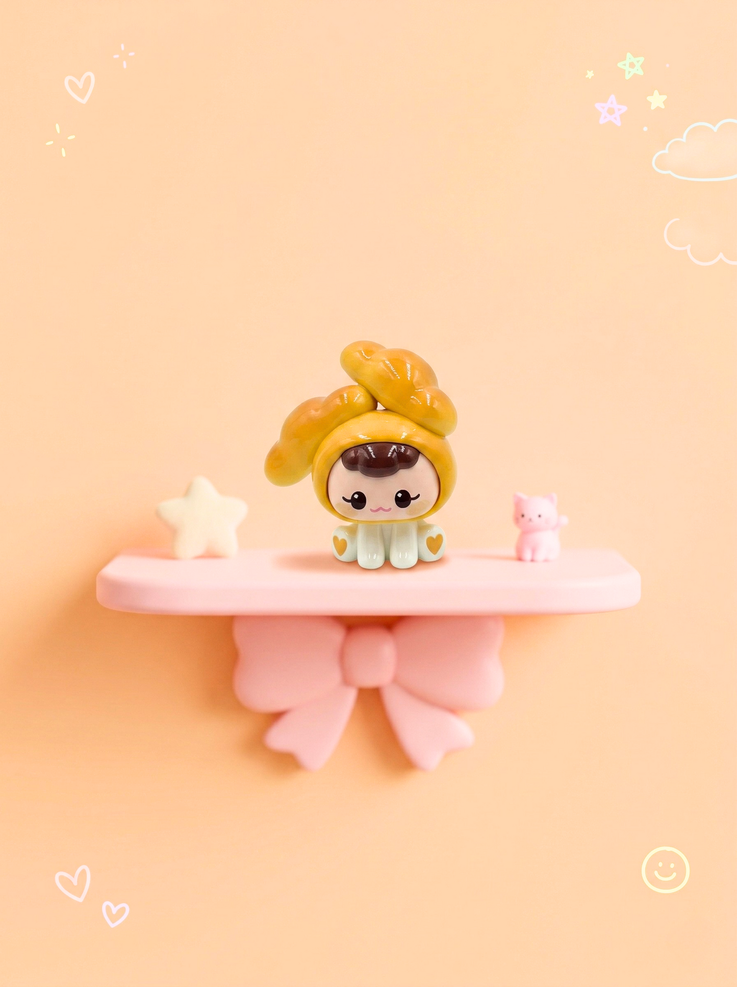 Small figurine with a yellow hair bun on a pink shelf against a peach background