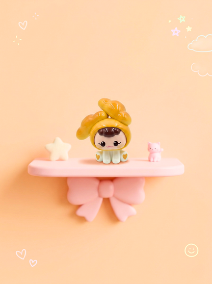 Small figurine with a yellow hair bun on a pink shelf against a peach background