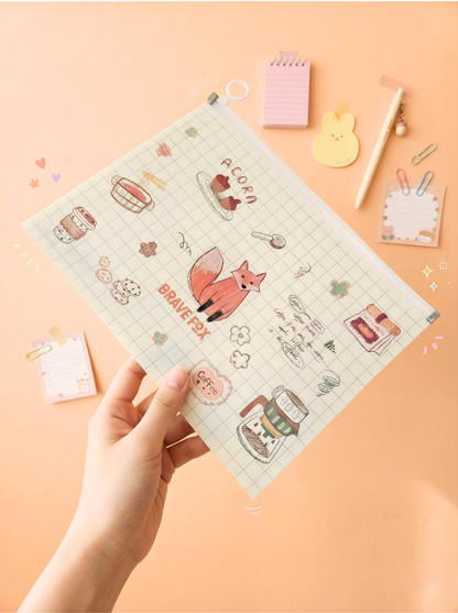 Hand holding a small notebook with cute illustrations on a peach-colored background