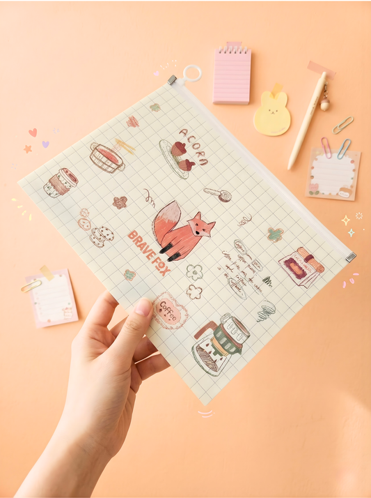 Hand holding a small notebook with cute illustrations on a peach-colored background