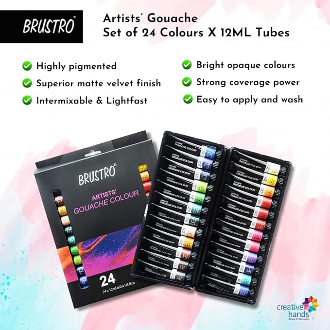 Brustro Artists' Gouache set with 24 colors in 12ml tubes on a colorful background.