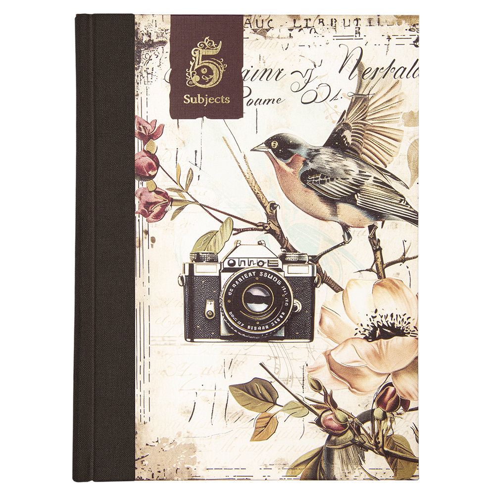Notebook with vintage camera and bird design on a beige background