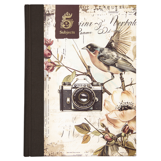 Notebook with vintage camera and bird design on a white background