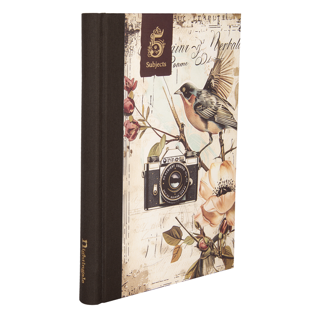 Notebook with vintage camera and floral design on a white background