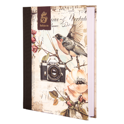 Notebook with vintage camera and bird design on a white background