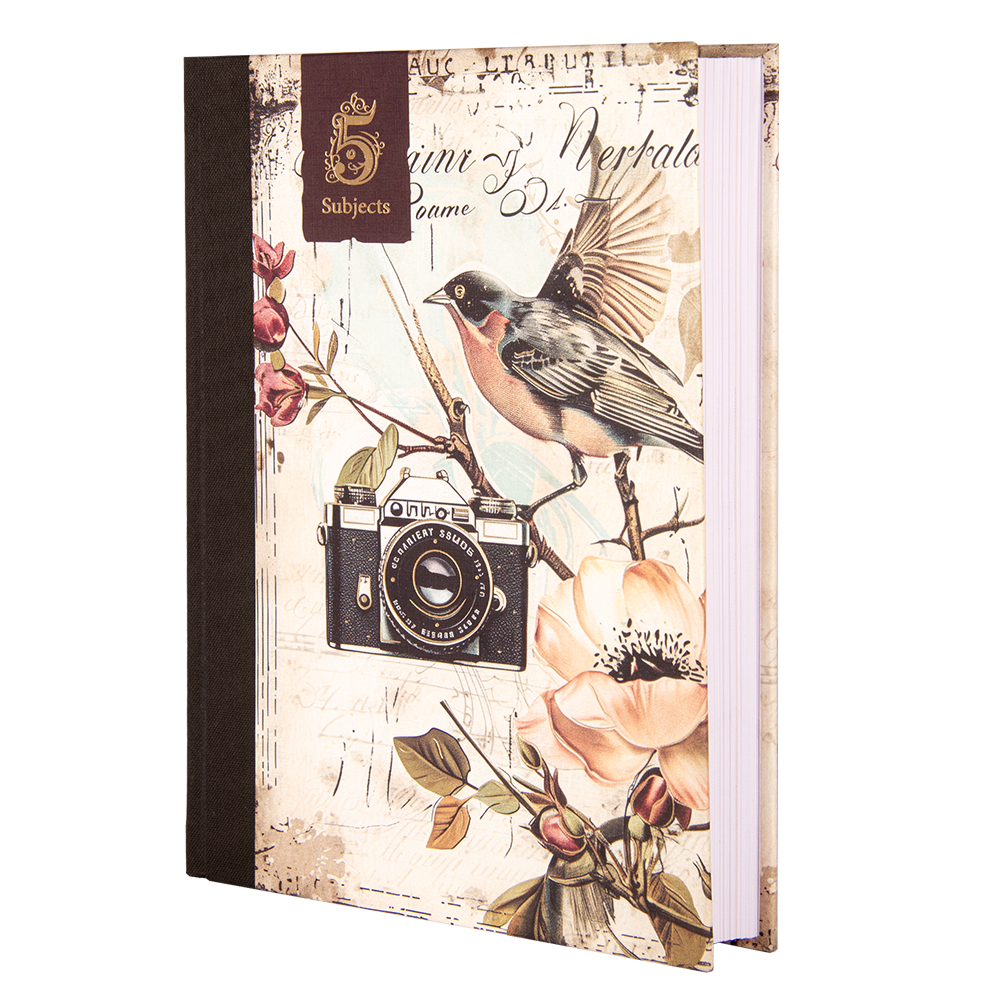Notebook with vintage camera and bird design on a white background