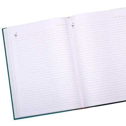 Open notebook with lined pages on a white background