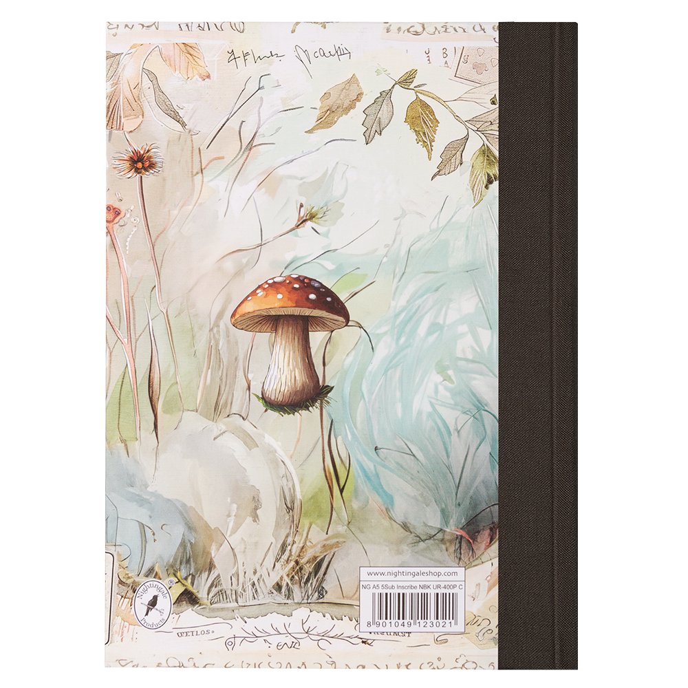Notebook with a mushroom and nature-themed cover on a white background
