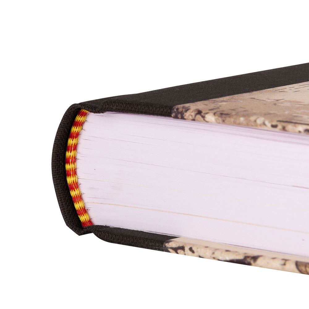 Close-up of a book with a decorative tape binding on a white background