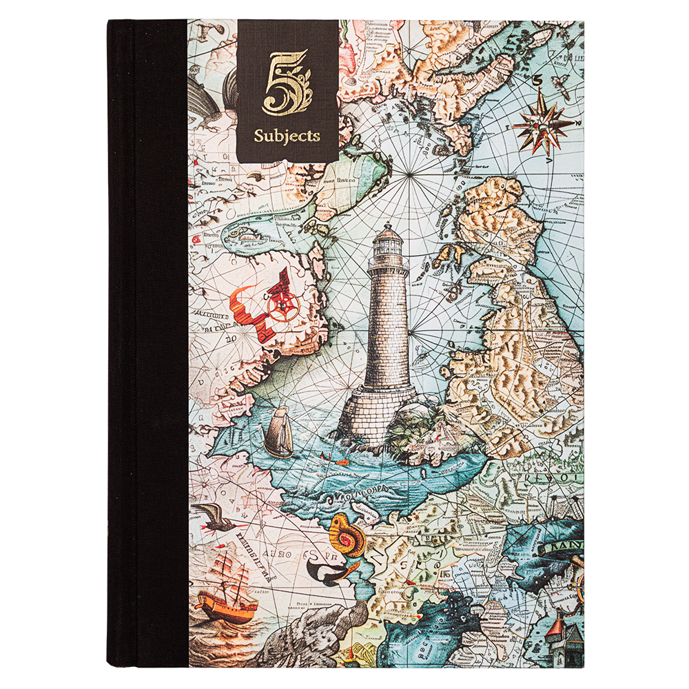 Notebook with a map design and '5 Subjects' label on a white background