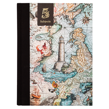 Notebook with a map design and '5 Subjects' label on a white background