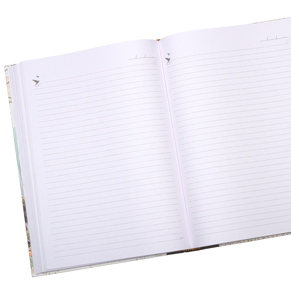 Open notebook with lined pages on a white background