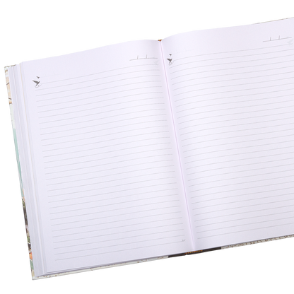 Open notebook with lined pages on a white background