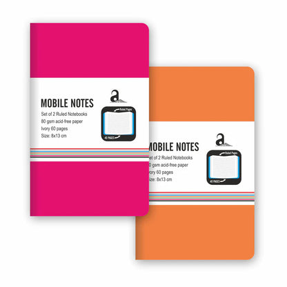 Two notebooks, one pink and one orange, with 'MOBILE NOTES' branding on a white background.