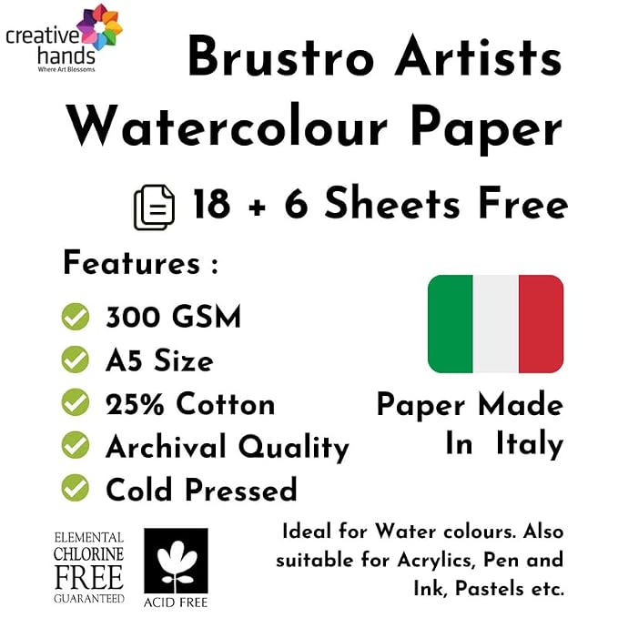Brustro Artists Watercolour Paper | 300 GSM| A5 |A4| 25% Cotton, Cold Pressed