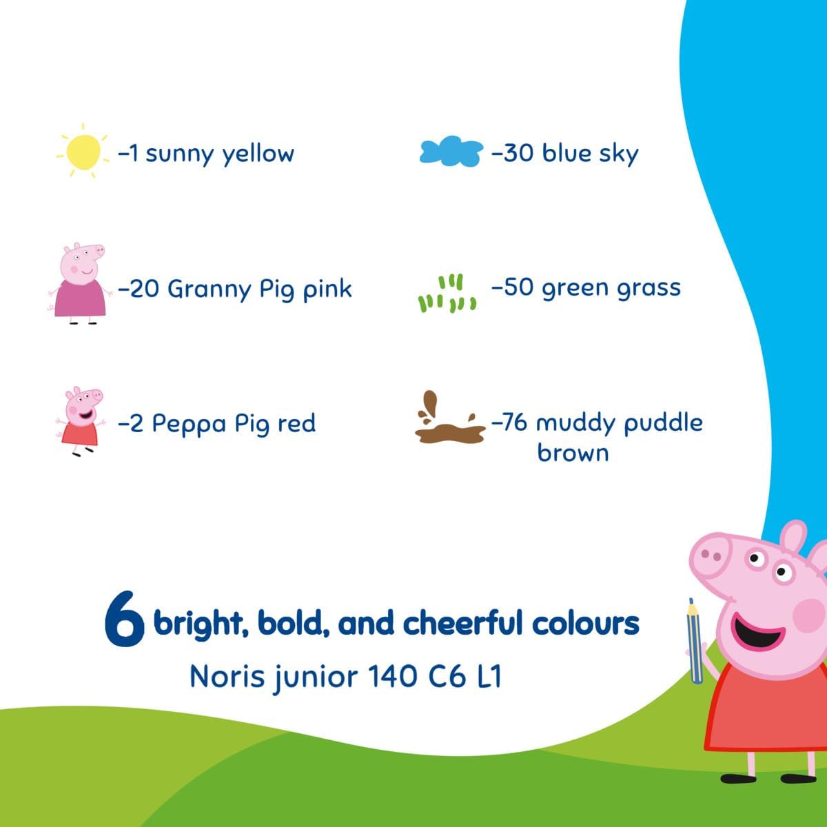 STAEDTLER Peppa Pig x Noris Junior 3-in-1 Jumbo Watercolour Colouring Pencils | 6 Assorted Colours