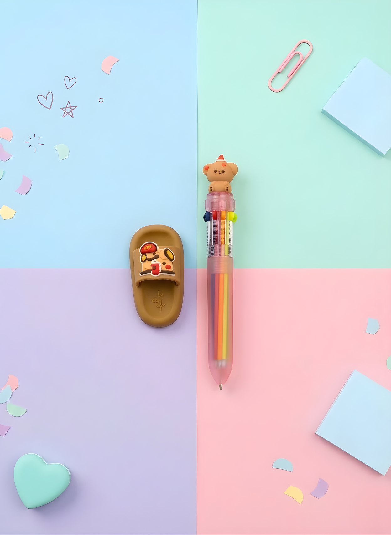 Colorful pen with cartoon character on a pastel background