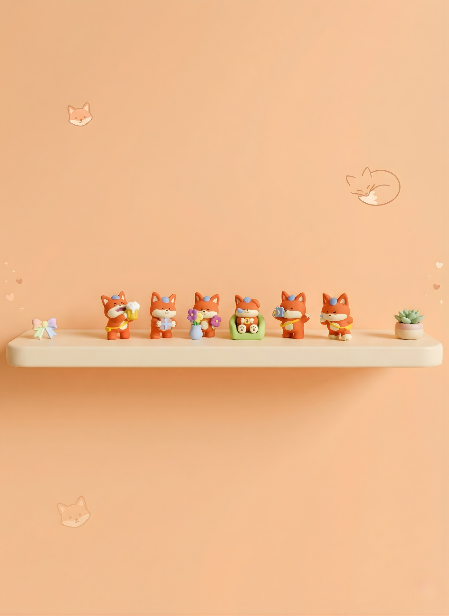 Set of small orange cat figurines on a white shelf against a peach-colored background