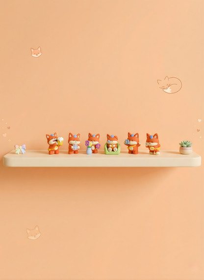 Set of small orange cat figurines on a white shelf against a peach-colored background