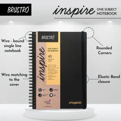 Brustro 'inspire' one subject notebook with features highlighted on a white background
