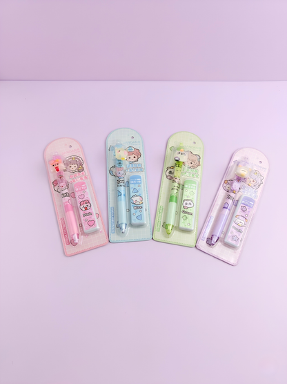 Four cartoon-themed stationery items in packaging on a light purple background