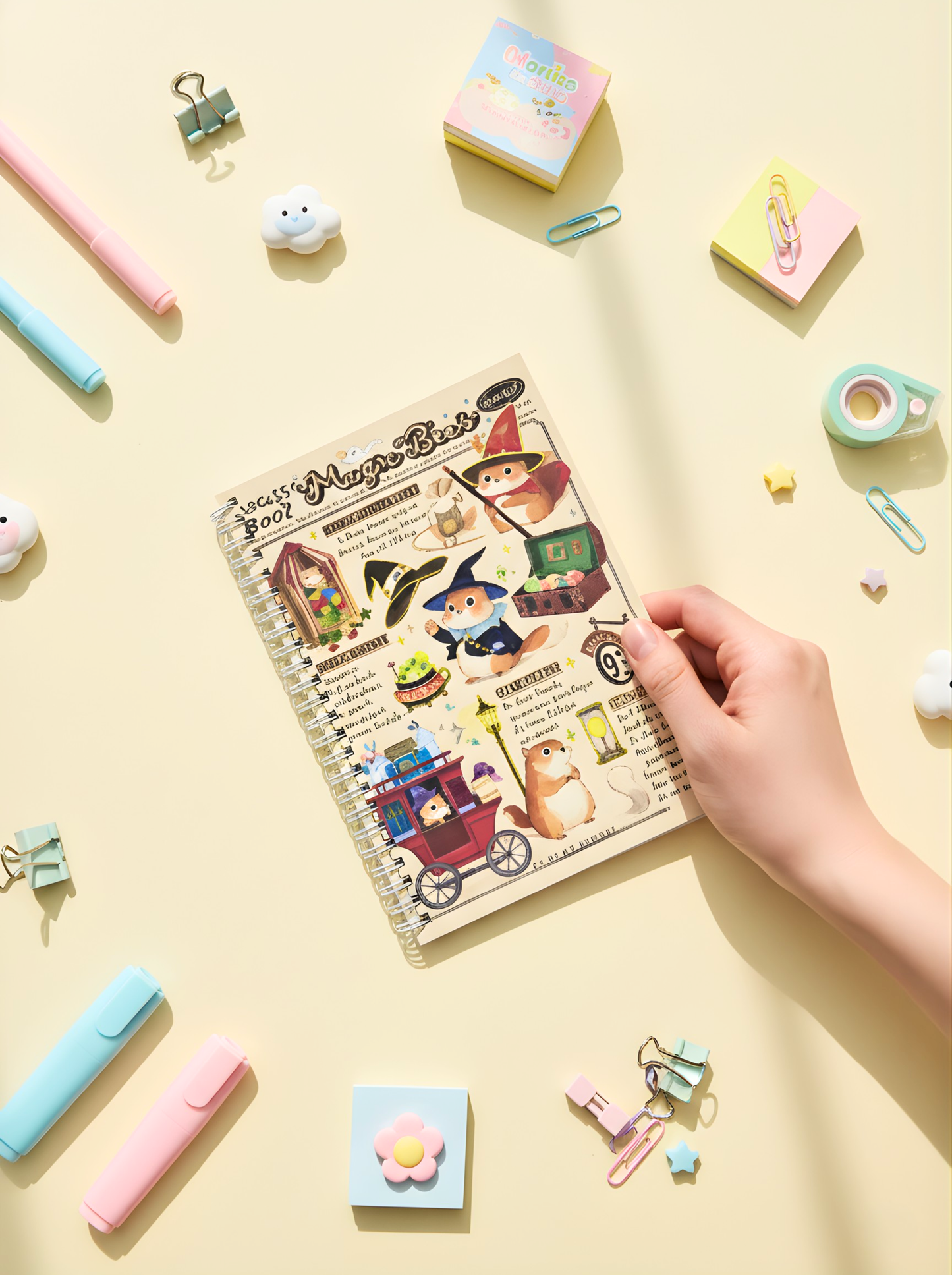 Notebook with colorful illustrations surrounded by stationery items on a yellow background