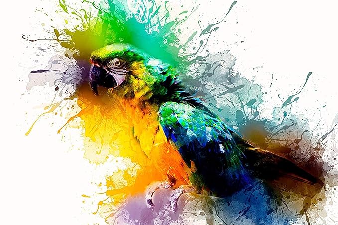 Colorful parrot illustration with abstract paint splashes on a white background