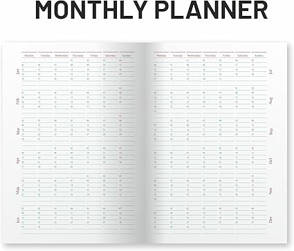 Open monthly planner with calendar grid on white background