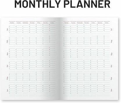 Open monthly planner with calendar grid on white background