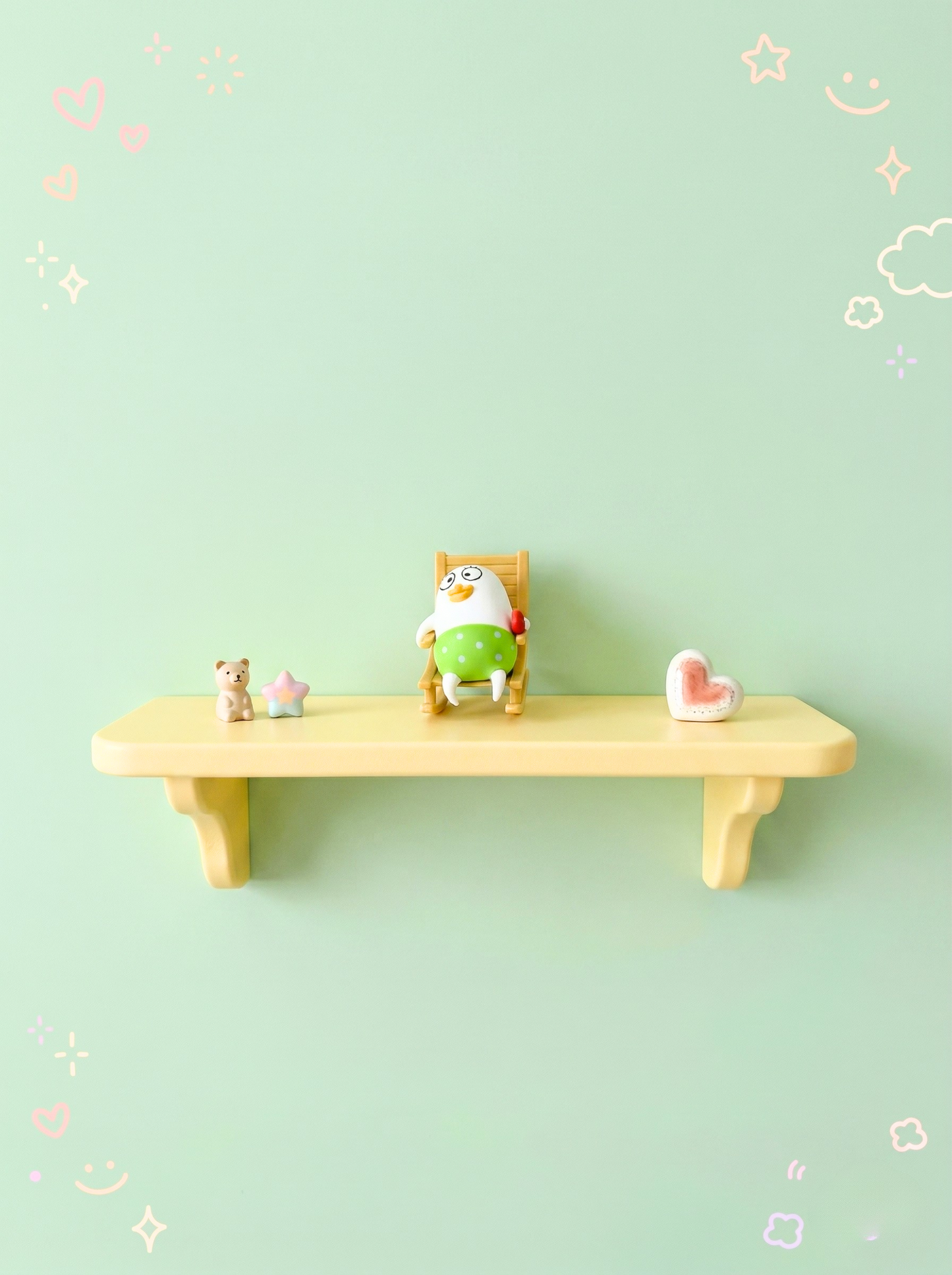 Small wooden shelf with decorative items on a light green background