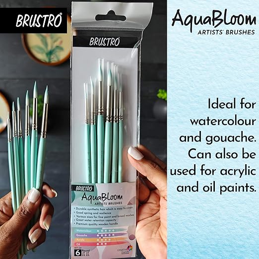 Packaged BRUSTRO AquaBloom artists' brushes held by a hand with a blue background text.