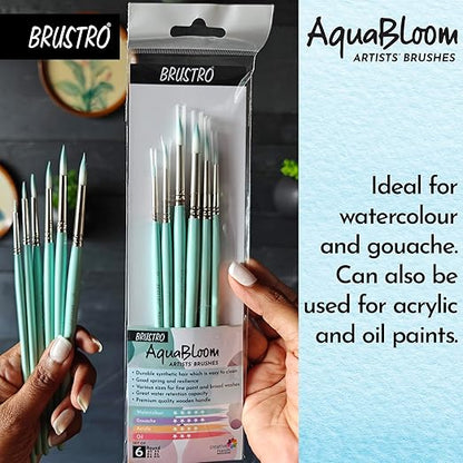 Packaged BRUSTRO AquaBloom artists' brushes held by a hand with a blue background text.