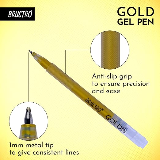 Gold gel pen with anti-slip grip and 1mm metal tip on a yellow background