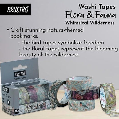 Brustro washi tapes with floral and nature-themed designs on a gray background