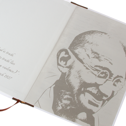 Book open to a page with a engraved portrait of a man on a white background